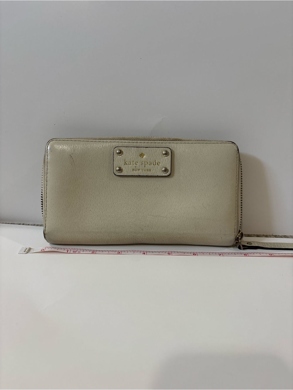 kate spade Cream Zip-Around Leather Wallet with Logo Plaque